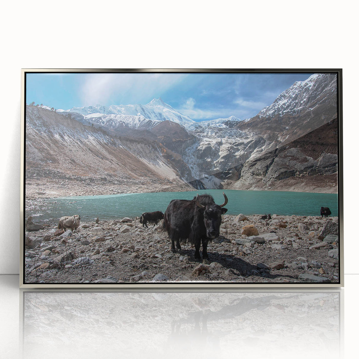 Mid-century modernist art depicting a serene Nepalese landscape in muted earth tones, framed in silver acrylic.