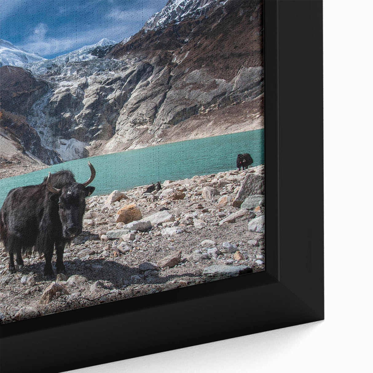 Extra large black wall art of a textured Nepalese landscape on framed canvas, featuring colorful art tones.
