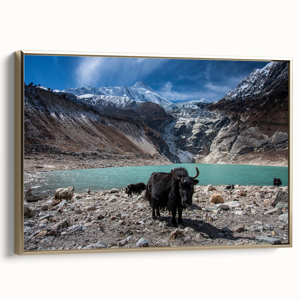 Framed canvas depicting a vintage-style landscape of Nepal in muted gold and black tones, suitable for bedroom wall art.