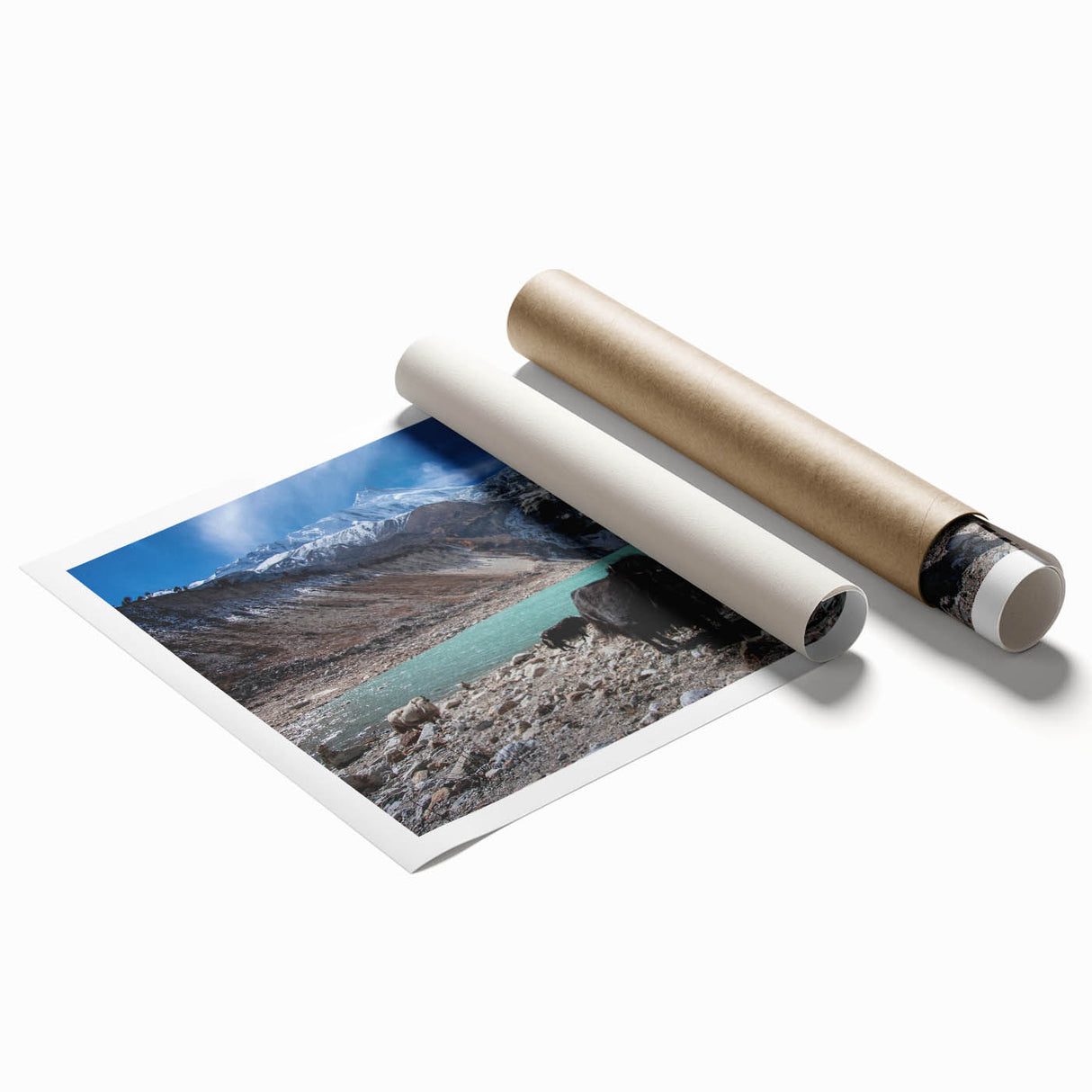 Rolled print of a serene Nepalese landscape with lush greenery and distant mountains, in soft green and blue tones.