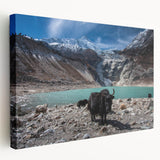Landscape painting of the Himalayas on a large stretched canvas, featuring muted blue and white tones.