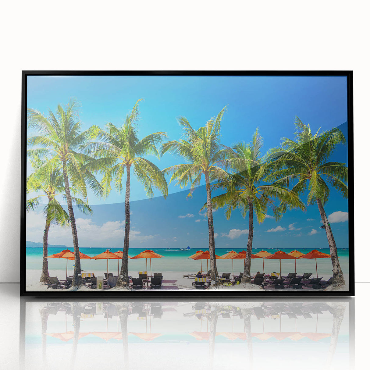 Large abstract wall art featuring a stylized Philippine landscape in muted earth tones, framed in black acrylic.