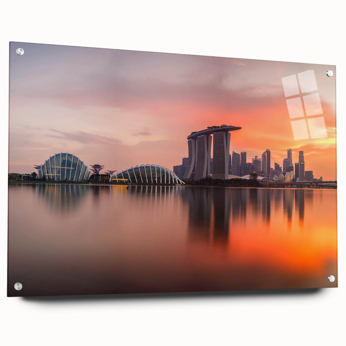 Acrylic print of a large abstract depiction of Singapore's skyline in vibrant blue and orange tones.