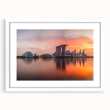 Abstract art print of Singapore skyline in muted gray and blue tones on a framed white canvas, ideal for dining room decor.