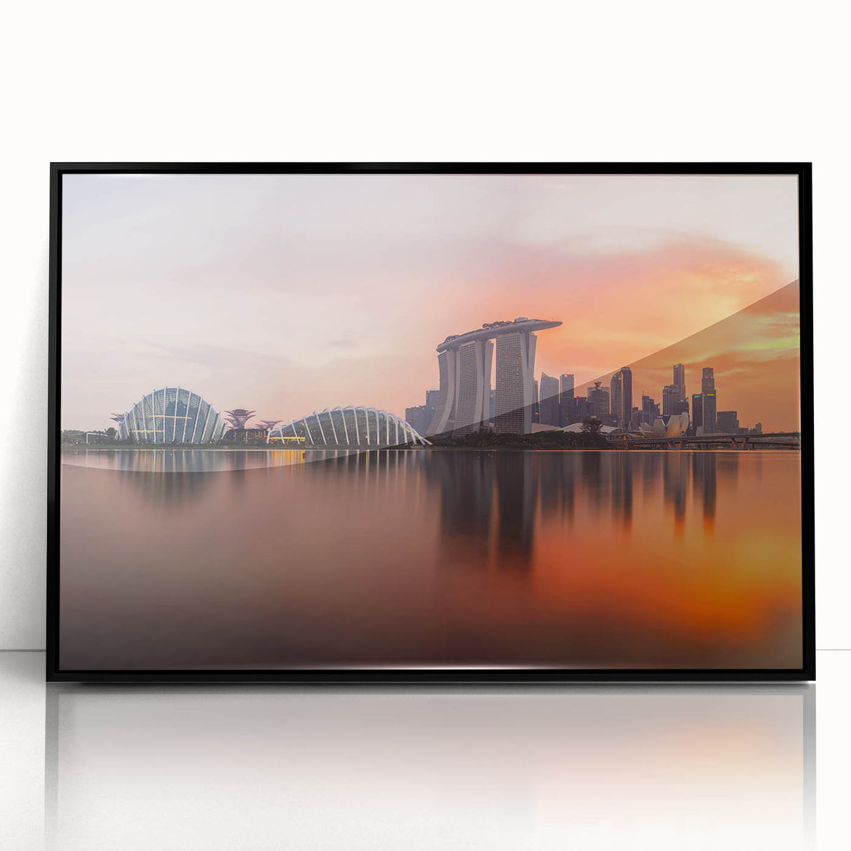 Large abstract wall art depicting a stylized Singapore skyline in black and white tones on a framed acrylic print.
