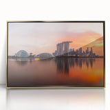 Mid-century modernist Singapore skyline in acrylic, featuring gold and blue tones, framed, ideal for modern art wall decor.