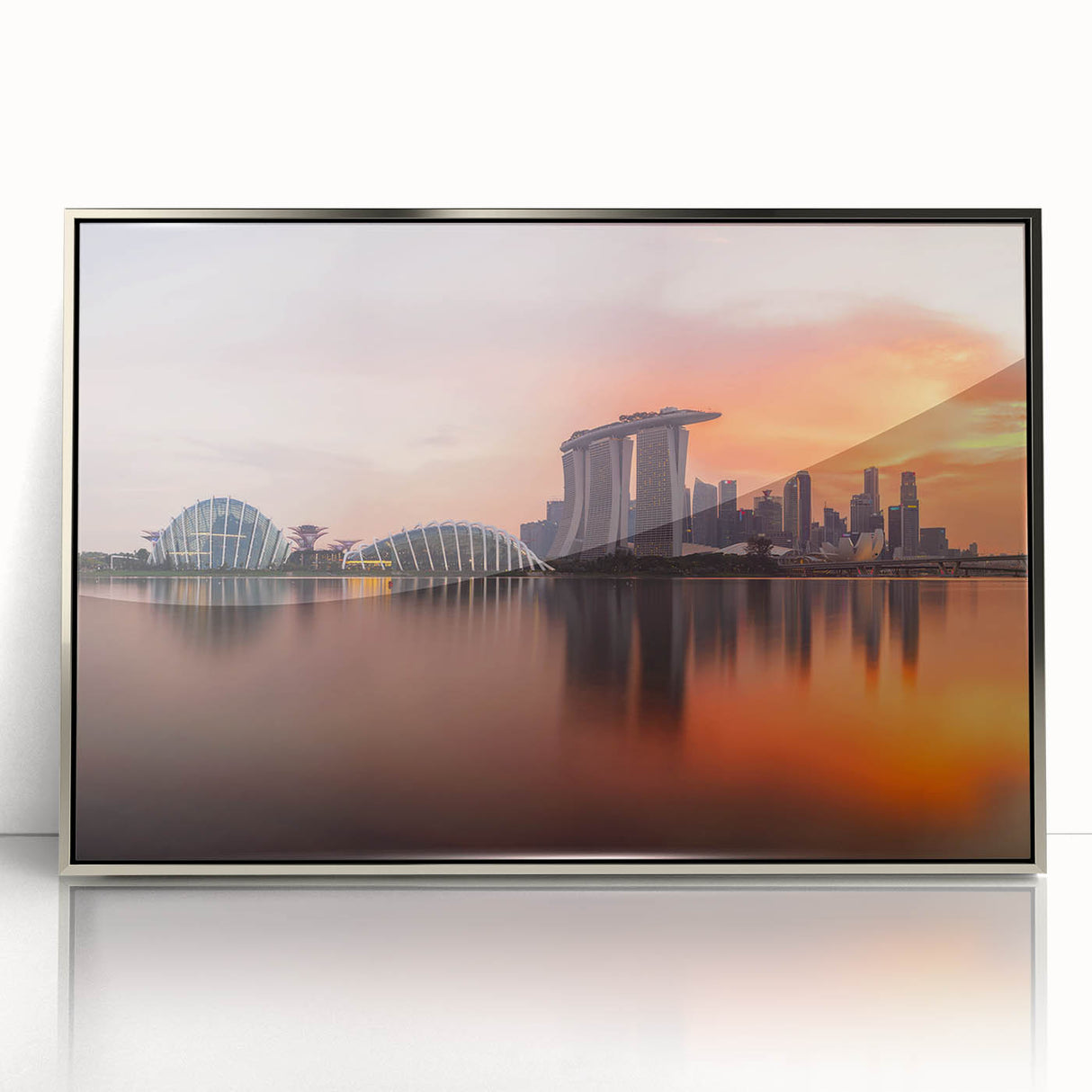 Mid-century modernist art of Singapore skyline in muted silver and blue tones, framed acrylic.