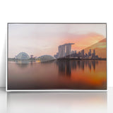 Art deco poster of Singapore skyline in muted metallic tones on framed acrylic, ideal for modern art wall decor.