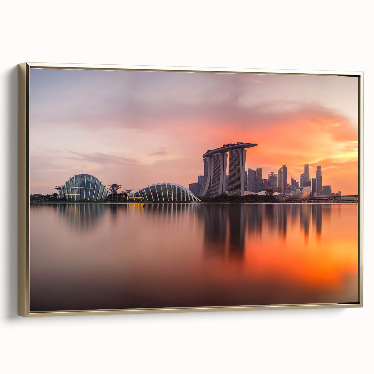 Framed canvas depicting a vintage-style Singapore landscape in black and gold tones, ideal for bedroom wall art.