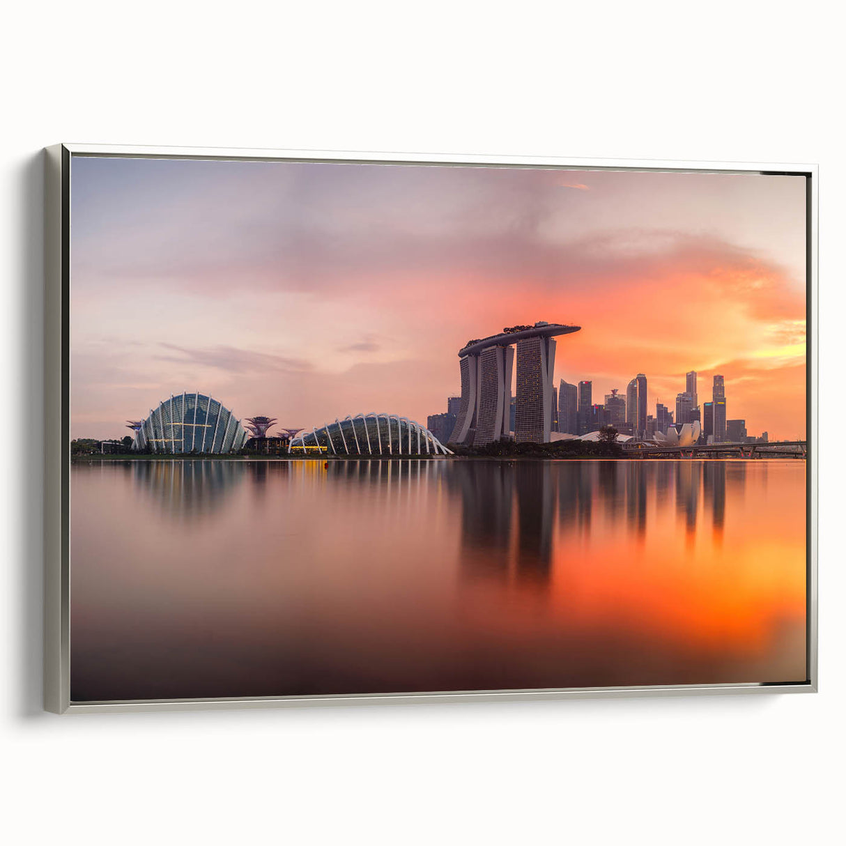 Framed canvas landscape art painting featuring a colorful Singapore skyline, ideal for living room decor.