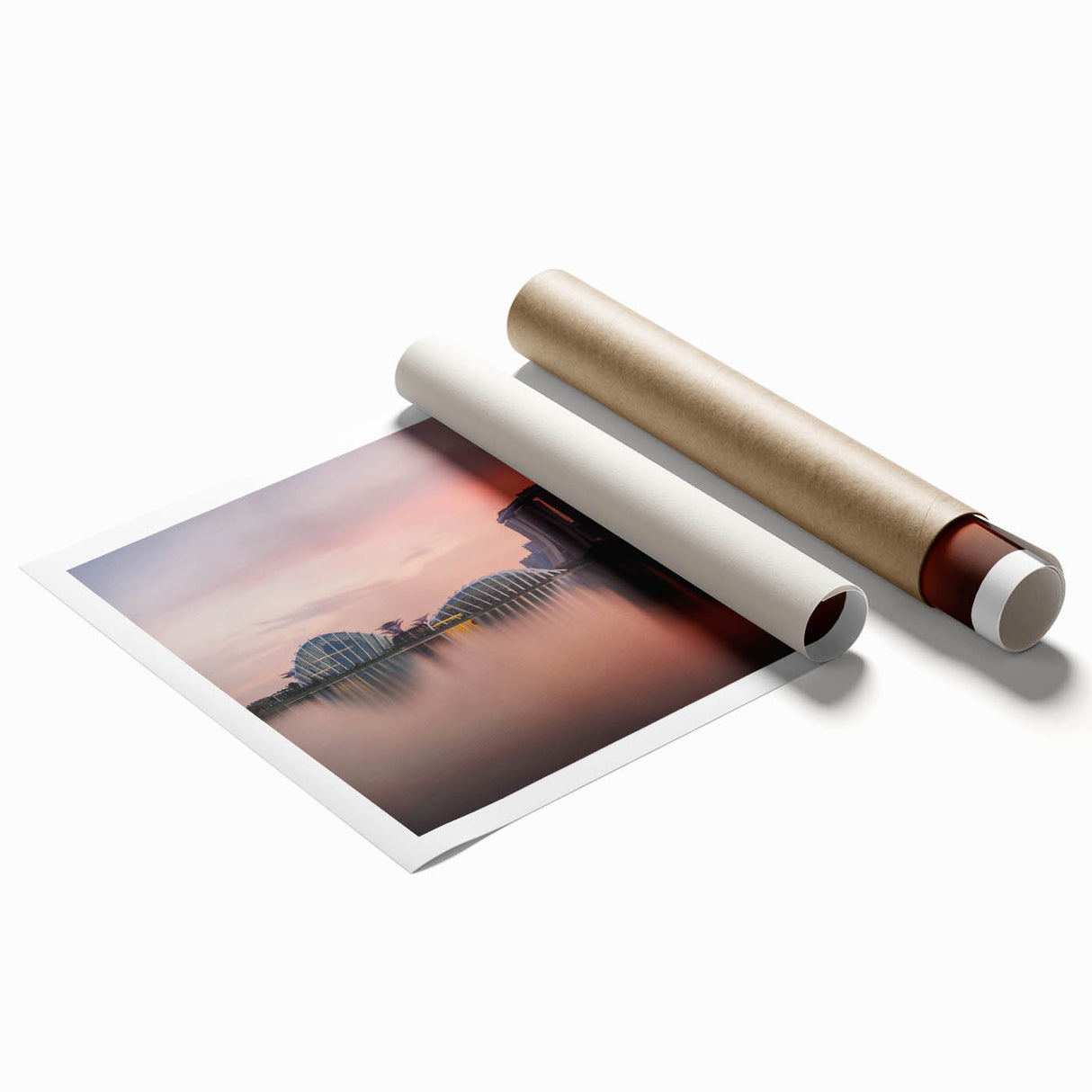 Extra large rolled print of Singapore skyline featuring vibrant twilight hues, ideal for classy bathroom wall art.