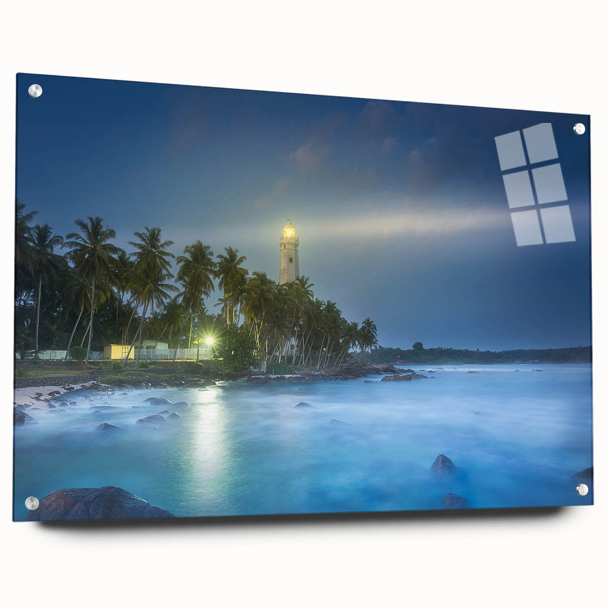 Acrylic print of a large abstract depiction of a Sri Lankan landscape in vibrant green and blue tones.