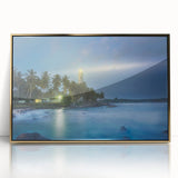 Mid-century modernist style large art print of a Sri Lankan landscape in muted earth tones, framed in acrylic and gold.