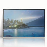 Mid-century modernist art depicting a serene Sri Lankan landscape in muted greens and blues, acrylic framed print.