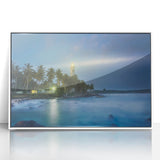 Acrylic print of a serene Sri Lankan landscape in soft green and blue tones, framed in white.