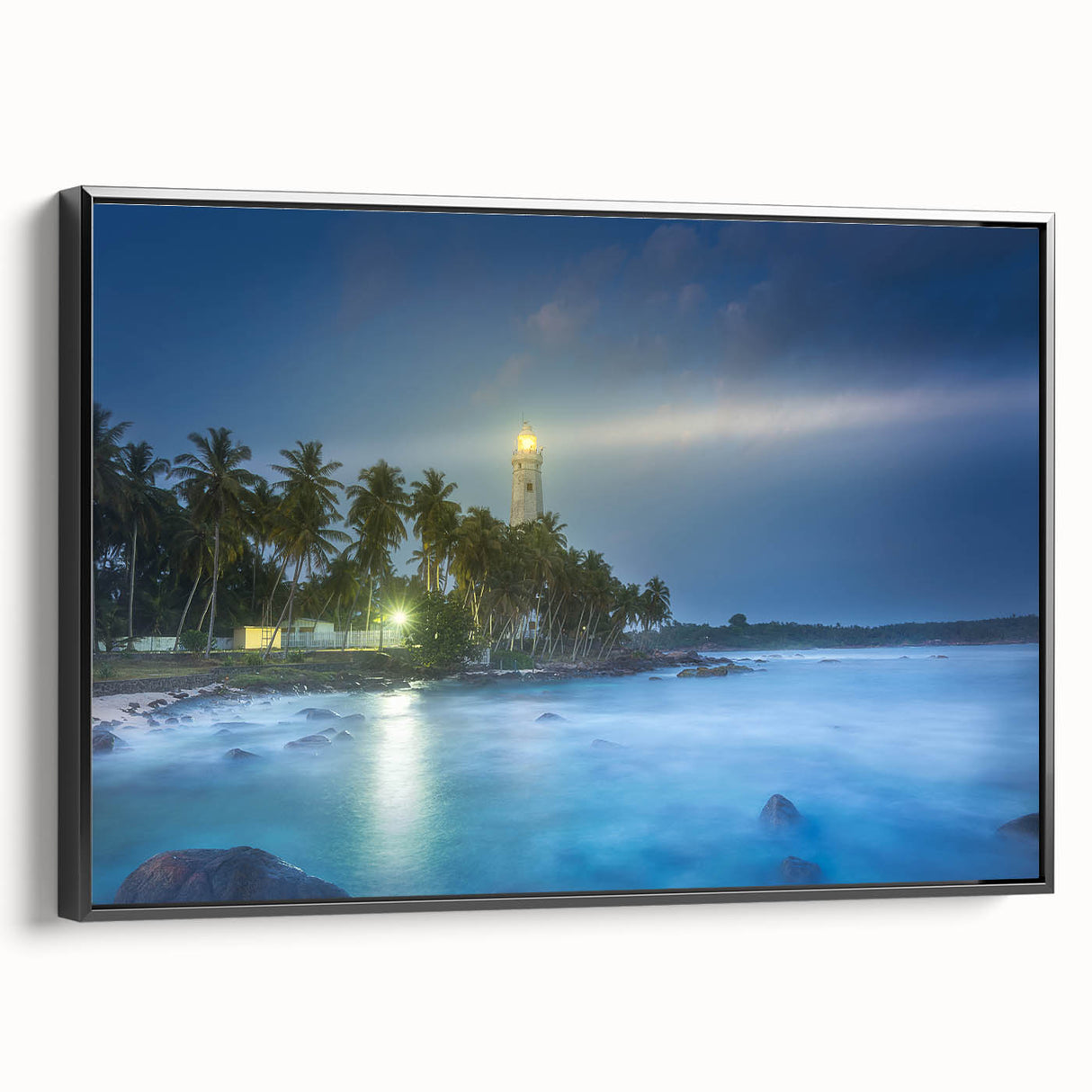 Framed canvas featuring a black and white vintage poster art of a Sri Lankan landscape, ideal for bedroom decor.