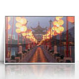 Art deco poster of Taiwan scenery in muted greens and blues, acrylic print framed in white.