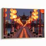 Framed canvas wall art depicting a vintage-style Taiwanese landscape in black and gold tones, ideal for bedroom decor.