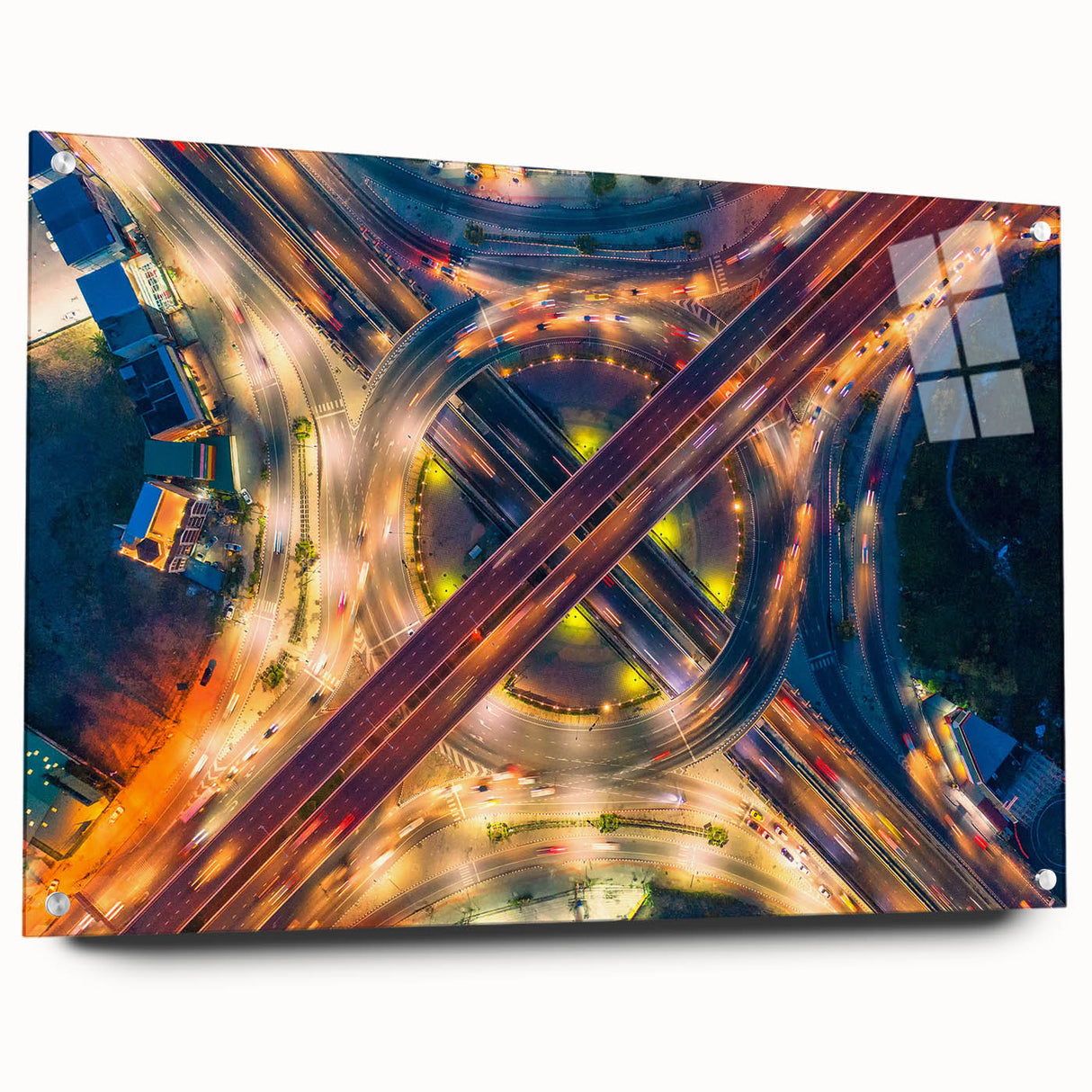 Acrylic print of Bangkok cityscape in muted gray and blue tones, suitable for dining room decor.