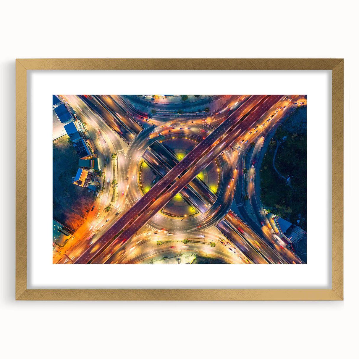 Extra large abstract art print of Bangkok scenery in textured style, with vibrant colors on a gold-framed canvas.