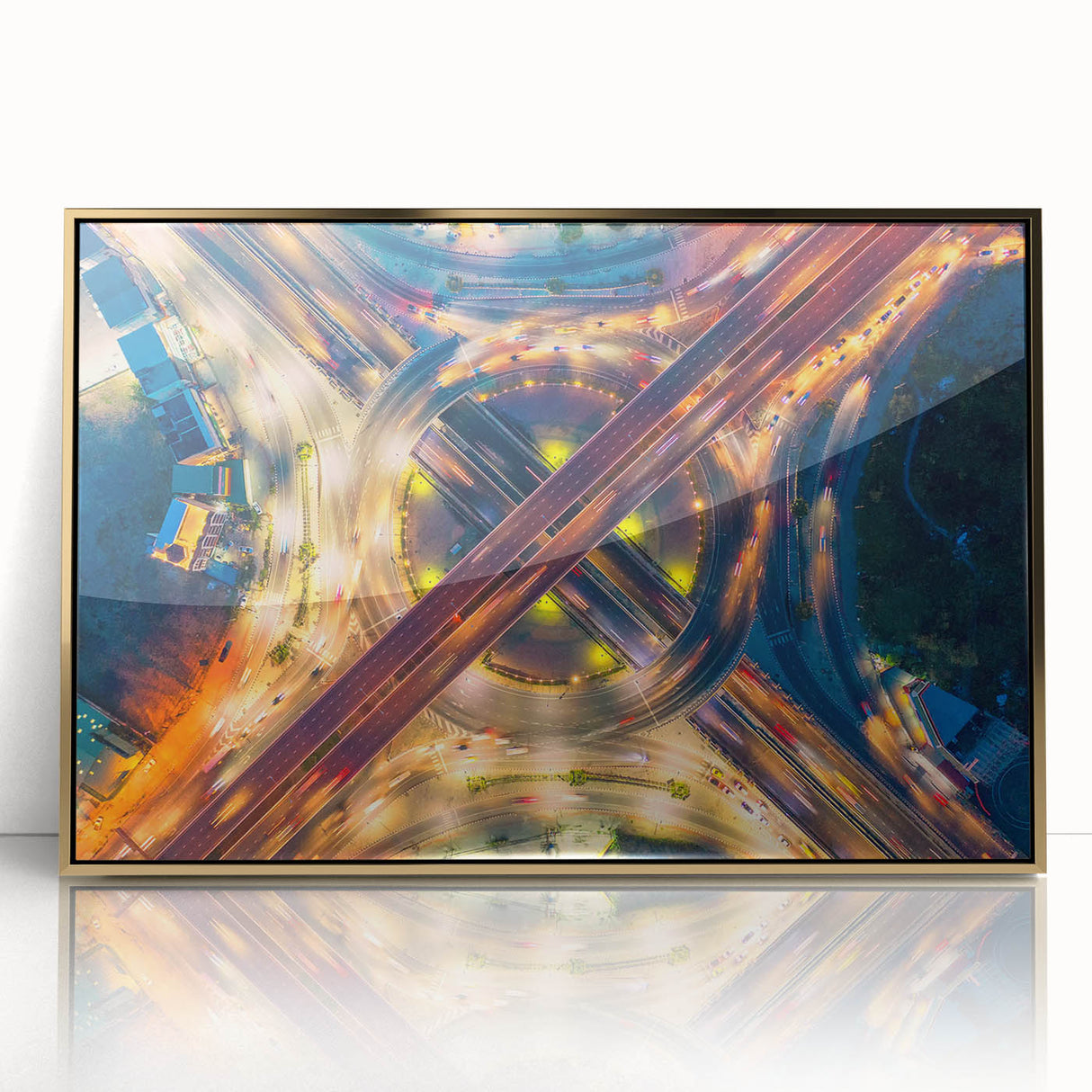Framed acrylic print of Bangkok skyline in gold and blue tones, ideal for modern art wall decor.