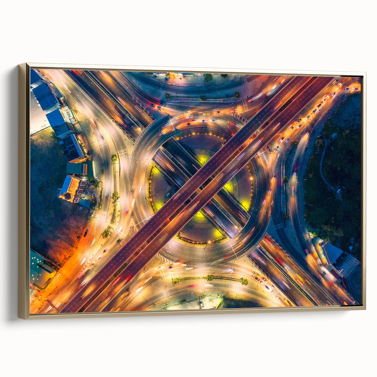 Framed canvas wall art depicting a vintage-style Bangkok landscape in black and gold tones, ideal for bedroom decor.