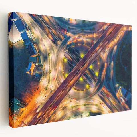 Side view of a stretched canvas featuring a vibrant Bangkok cityscape in neon colors, ideal for kitchen wall art.