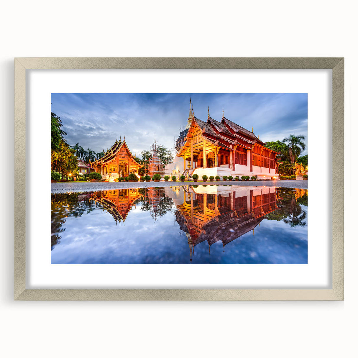 Textured art depicting a serene Thai landscape in muted greens and blues on a framed canvas, suitable for bedroom decor.