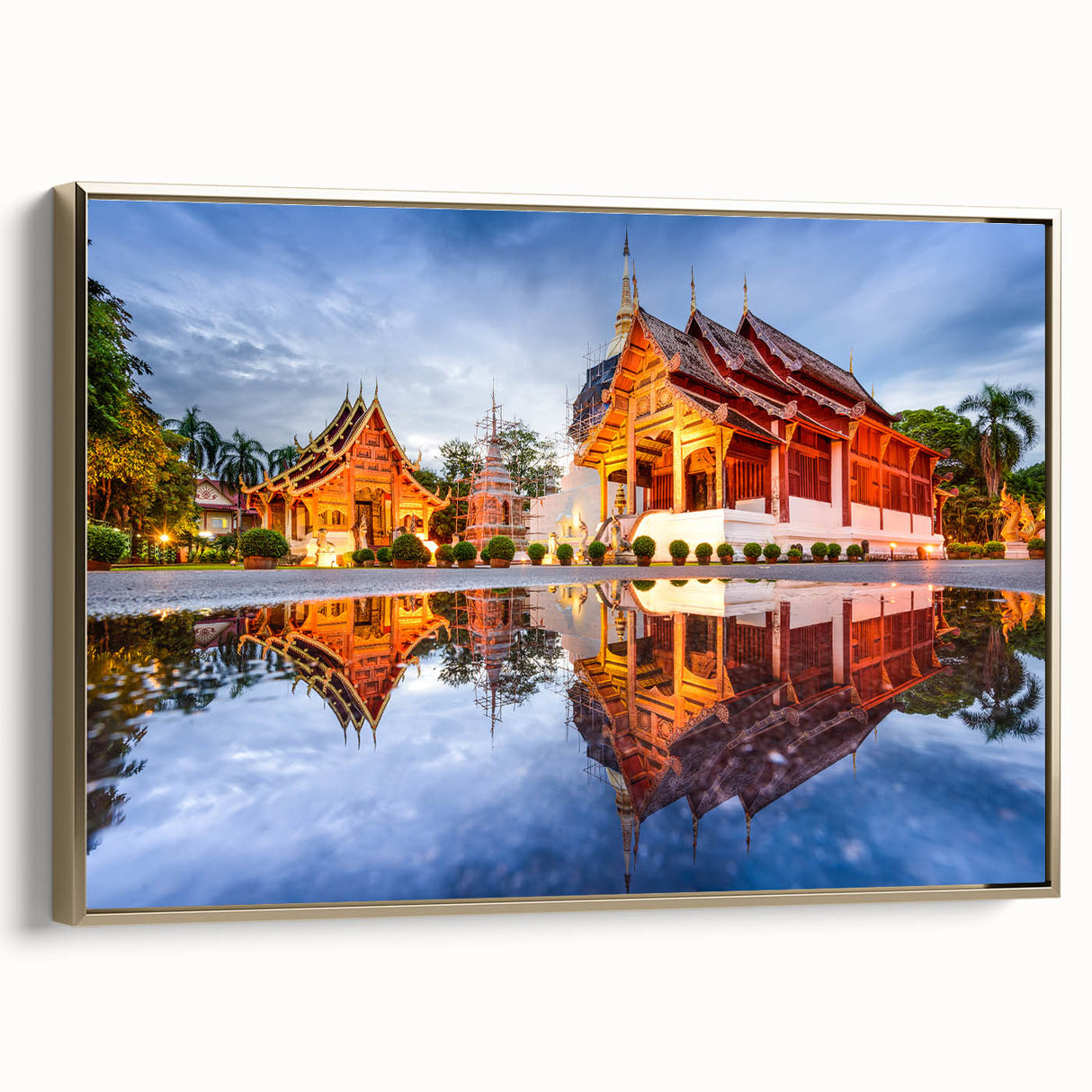 Framed canvas depicting a vintage-style Thai landscape in gold and black tones, suitable for bedroom decor.