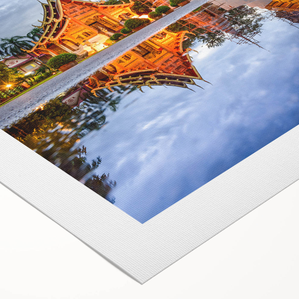 Art deco poster featuring a serene Thai landscape in muted greens and blues on rolled canvas, suitable for dining room decor.