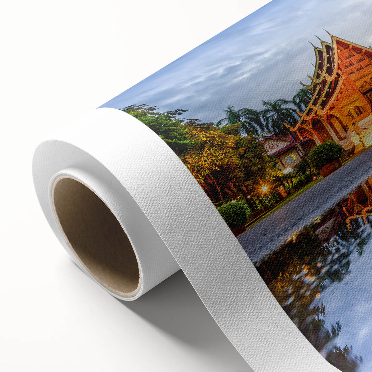 Art deco poster of a serene Thailand landscape in pastel shades on rolled canvas, suitable for nursery wall art.
