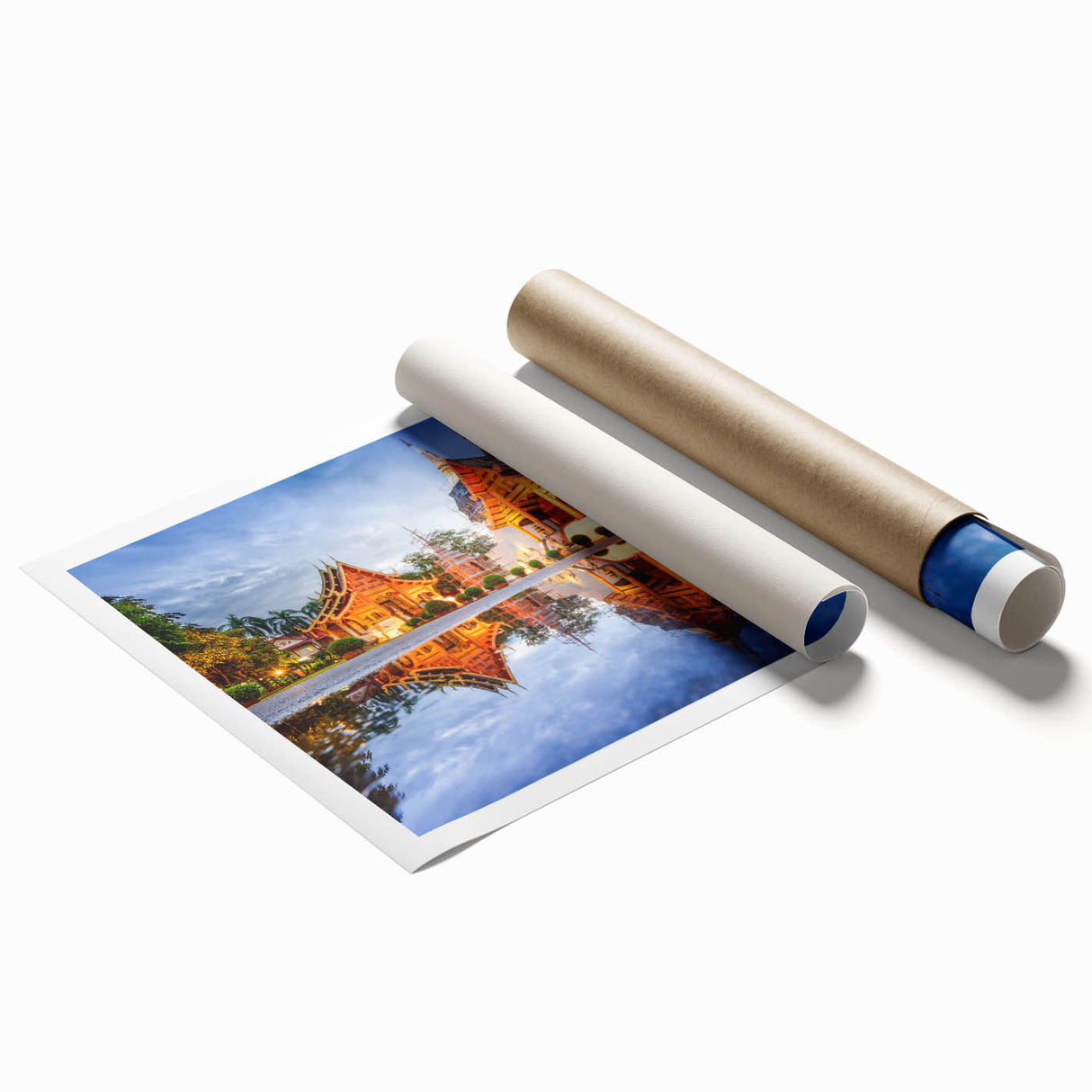 Extra large rolled print of a serene Thai landscape in muted greens and blues, ideal for classy bathroom wall art.
