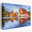 Large stretched canvas depicting a serene Thai landscape in muted green and blue tones, ideal for kitchen wall art.