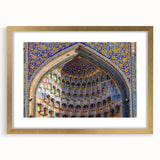 Extra large abstract art print featuring textured scenery of Turkey in muted earth tones, framed in gold.