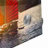 Mid-century modernist large abstract wall art of a Vietnamese landscape in vibrant green and blue hues on acrylic glass.