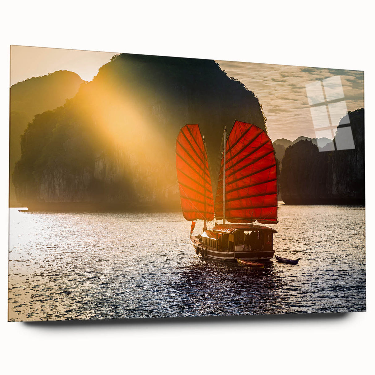 Large abstract wall art of a Vietnamese landscape in muted earth tones on acrylic glass.
