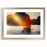 Textured art print depicting an abstract Vietnamese landscape in muted green and blue tones, framed in silver.