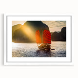 Abstract art print of a Vietnamese landscape in muted green and blue tones, framed with a white mat.