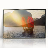 Mid-century modernist art depicting a serene Vietnamese landscape in muted greens and blues, framed acrylic print.