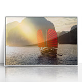 Acrylic print of a serene Vietnamese landscape in muted green and blue tones, framed in white.