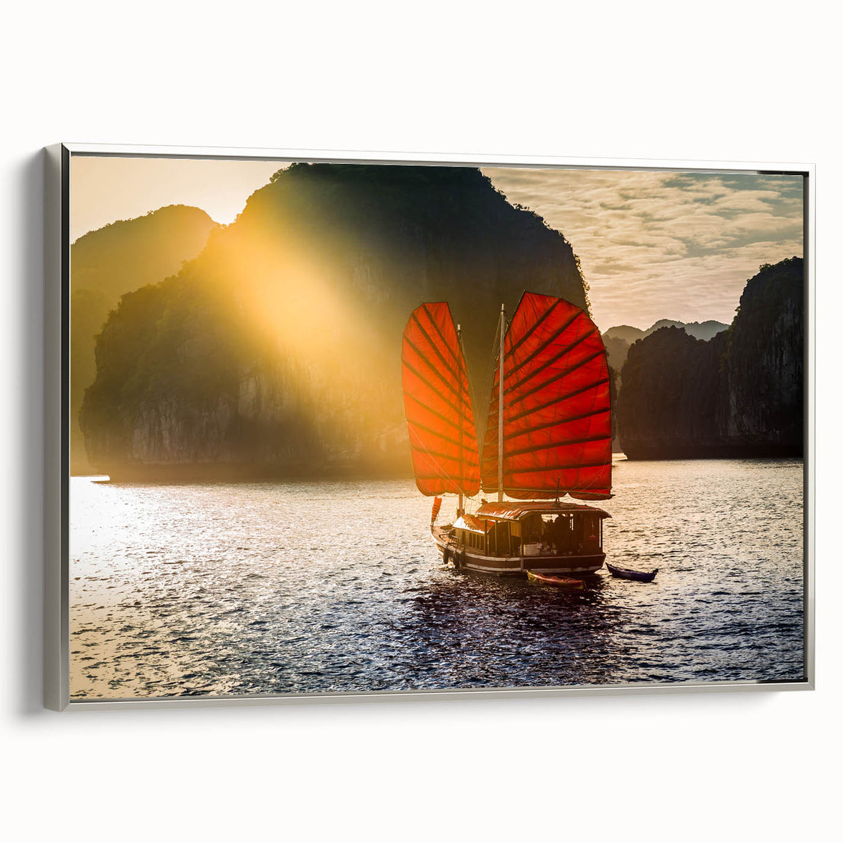 Landscape art painting of a Vietnamese scenery on framed canvas, featuring vivid colors against a black background.