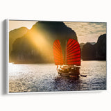 Vintage poster art of a Vietnamese landscape on framed canvas, featuring vibrant colors against a black background.
