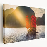 Side view of a large stretched canvas featuring a serene Vietnamese landscape in soft green and blue tones.