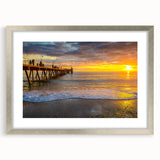 Abstract art print of Adelaide scenery in muted blue and green tones, framed in silver, suitable for dining room decor.