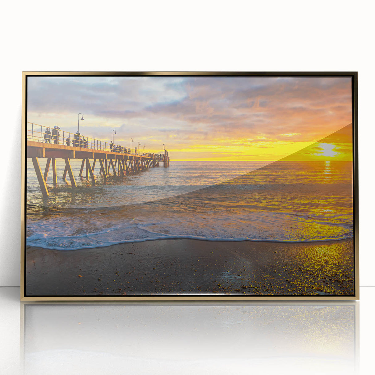 Mid-century modernist art of Adelaide skyline, in gold and blue tones on a framed acrylic, ideal for modern art wall decor.
