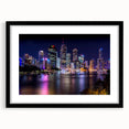 Abstract art print of Brisbane skyline in vibrant colors on a large, textured canvas, ideal for living room decor.
