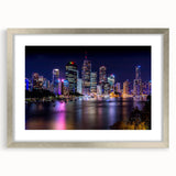 Abstract art print of Brisbane scenery in muted blue and silver tones, framed with a mat, ideal for dining room decor.