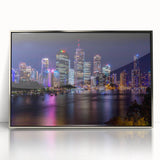 Art deco poster of Brisbane skyline in muted silver and gray tones on acrylic, ideal for modern nursery wall art.