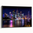 Black and white framed canvas of Brisbane landscape, ideal for bedroom wall decor, featuring vintage poster art style.