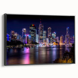 Black and white framed canvas of Brisbane landscape, ideal for bedroom wall decor, featuring vintage poster art style.